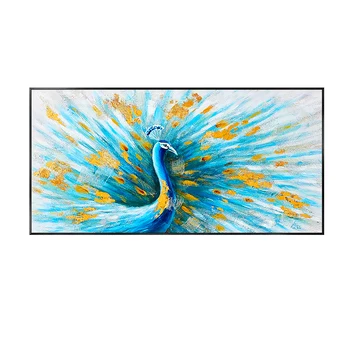 Mână-pictat pictura in ulei păun deschide ecranul de folie de aur rezumat decor de perete pictura albastru animal placă orizontală American