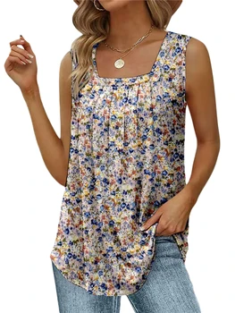 Nensiche Ärmlös sommartopp för kvinnor ledig lös linne fyrkantig hals blomtryck t-shirt tunika blus streetwear Stil 4 XXL