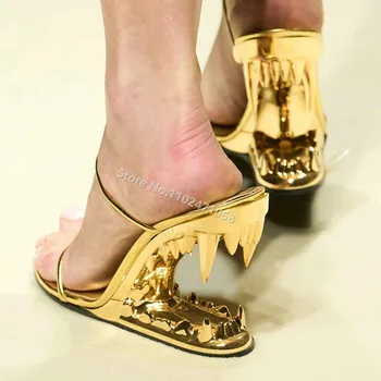 New Sosire Catwalk Femei Papuci De Casă 2023 Vară Design Amuzant, Ciudat Stil De Metal Dinte Doamnelor Sandale Femei Rochie Inaltime Tocuri