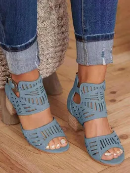 Noua Curea Cu Fermoar Gol Pătrat Albastru Cu Toc Sandale Peep Toe Sandale Femei Sexy Cu Toc Cross-Legat Pompe De Pantofi De Vara Curea Glezna