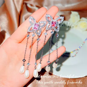 Noul Design Fluture Cercei cu Artificiale Roz Diamant Pearl Ciucure Lung Legăna Cercei pentru Femei Logodna Bijuterii de Lux