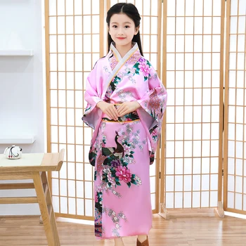 Noutatea Copil Fete Păun&Flori Rochie Kimono Traditional Japonez Yukata Cu Obi Roz Elegantă Robă Lungă Spectacol De Teatru Haine