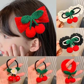 Nouă Copii Red Cherry Frizură Clip De Păr Hairband Fete Drăguț Prințesă Coarda Păr Clip Țesute Manual Din Lână Accesorii De Par