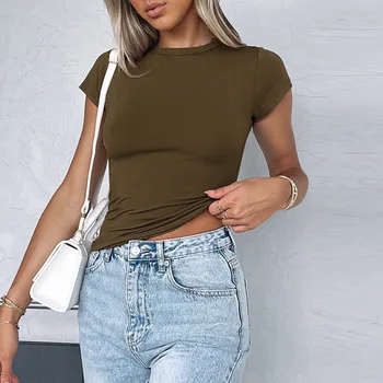 O Gât T-shirt Casual Crop Top de Vară 2023 Streetwear Rezervor Femei Top Y2K Bază Moda cu Maneci Scurte Tee Trunchiate Haine Solide