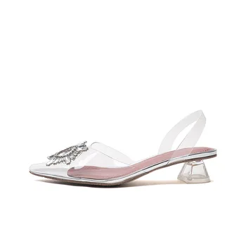 Pantofi pentru femei AMINA MUADDI de vară a subliniat toe cu floarea-soarelui tocuri inalte cristal transparent pantofi toc gros pahar de vin toc