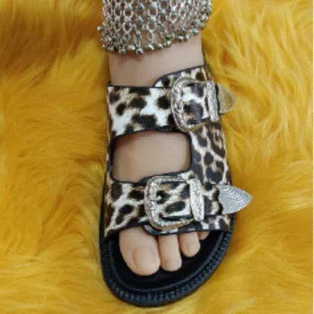 Pantofi pentru Femei de Vara Noi Leopard Metal Decor din Piele Buton pentru Femei Papuci Non Alunecare Casual Doamnelor Sandale de Plajă, Apartamente