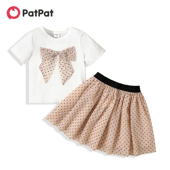 PatPat 2-bucata Copil Fata ochiurilor de Plasă 3D Bowknot Design Scurt-maneca Tricou Alb si buline Ochiurilor Fusta Set