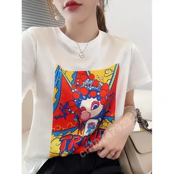 Peking Opera Print T Shirt pentru Femei T-shirt Plus Dimensiune Scurt Maneca Topuri Casual Ladies Tee Purta O-Gât Vrac Haine coreene