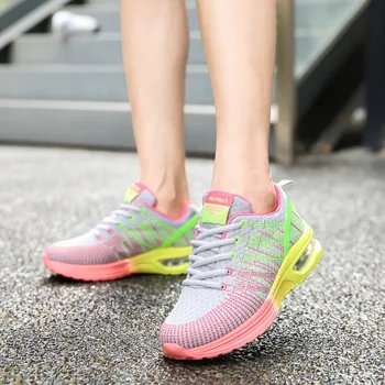 Pernă de aer Pantofi sport Femei pline de culoare Plasă Moale Adidași Respirabil Țese Jogging, Mers pe jos Pantofii Doamnelor Formatori o Dantela sus