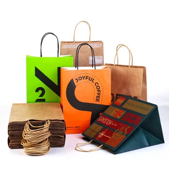 Personalizate hârtie kraft maro geanta cu maner, eco-friendly mâner plat produse alimentare de livrare sac, restaurant takeout takeaway geanta pentru alimente