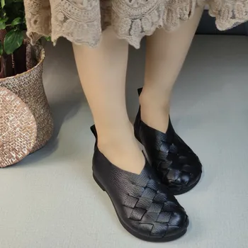 Primăvara și Toamna Țesute Pantofi de Piele Superficial Gura Singur Pantofii Art Casual Retro Talpă Moale Suprafață Moale Femei Singure Pantofi