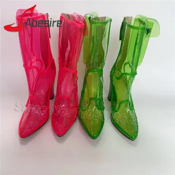 Pvc Transparent Tocuri Indesata Cizme De Moda Verde Roz Cu Toc Lung Cizme A Subliniat Toe Fermoar Spate Primavara Toamna Femei Pantofi