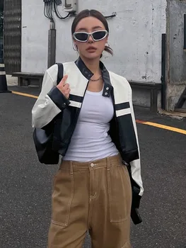 QWEEK Epocă Zip Geaca de Piele pentru Femei Harajuku Streetwear Grunge PU Bomber Geaca Alb-Negru Casual Stema Decupată Toamna