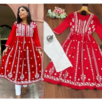 Readymade Roșu Kurti Plazzo Pent Anarkali Salwar Kameez Suit Indian, Pakistanez Ethinic