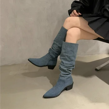 RIBETRINI 2023 Brand Nou, cu Toc de Moda pentru Femei Cizme Genunchi Ridicat Turma Subliniat Degete de Vest Nepriceput Plisate Primăvară Pantofi de Toamnă