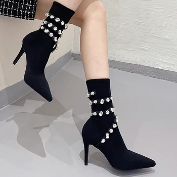 RIBETRINI 2023 Brand Nou de Înaltă Subțire Ciorap Toc Glezna Cizme pentru Femei Turma Subliniat Degete Stras Toamna Iarna Moda Pantofi de damă
