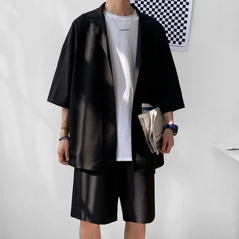 Stil coreean Barbati Set Costum Sacou și pantaloni Scurți Subțire Solid Short Sleeve Top Potrivire Fund de Vară de Moda de Îmbrăcăminte Om