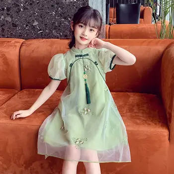 Stil Modern Cheongsam Rochii pentru Fete de Vară pentru Copii Qipao Broderie Bubble Zână Rochie de Maneca