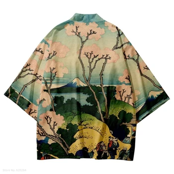 Streetwear Japoneză Muntele Fuji Imprimare Tricouri De Vară Pe Plajă Yukata Cardigan Femei, Kimono 2023 Moda Traditionala Bluza Haori