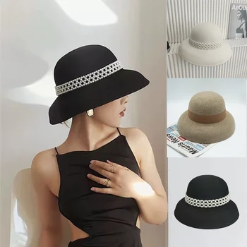Toamna Iarna 100% Lână Pălărie Bell Pălărie franceză de Femei Elegante, Retro Hepburn Toamna și Iarna Celebritate Perla Lână Simțit Pălărie Găleată