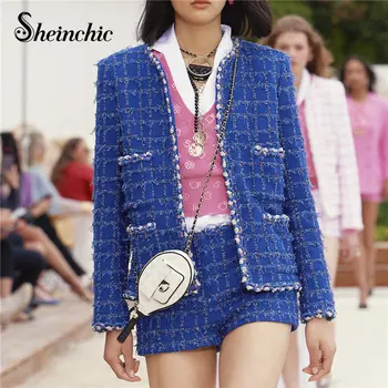 Toamna Iarna Haine De Lux Pentru Femei 2023 Epocă Țesute Albastru Sacou De Tweed Designer De Brand Haină De Lână Coreeană De Moda Streetwear