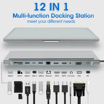 Usb3.1 12-în-1 de Tip C Docking Station Dual HDMI Port de Rețea VGA Expansiune Doc SD/TF Card de Lectură Hub