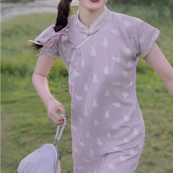 Vara, Lumina Violet Iepure Drăguț de Imprimare Moderne Qipao Lung Femei Full-Deschidere față Chinez Autentic Stil Național Cheongsam