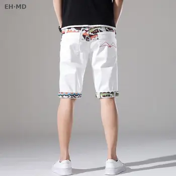 Vara Noi Brodate Gaura Bărbați Alb Denim Pantaloni Scurți Stil Coreean La Modă Mijlocul Talie Pantaloni Din Bumbac Elastic Prellis Bordurare Pad