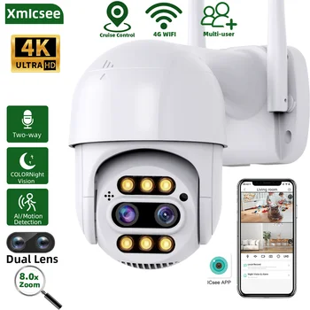Xmicsee 4K Dual Lens Wireless de Supraveghere în aer liber, Camere de 8MP PTZ 4G WiFi CCTV IP Camera 8.0 X Zoom Digital Audio bidirecțional iCsee