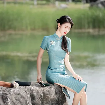 Yourqipao Vara Îmbunătățit Cheongsam Retro Moda Slim Mid-lungime Fantă de Mare cu un Singur strat Qipao Chineză Stil de Rochie pentru Femei