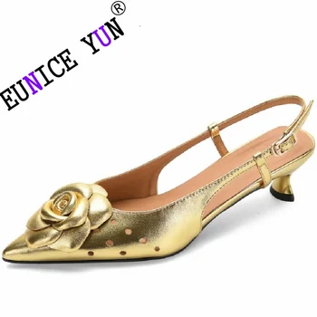 【EUNICE YUN】Brand din Piele a subliniat deget de la picior toc de flori stilet sandale Femei Elegante Vara mijlocul pantofi cu Toc